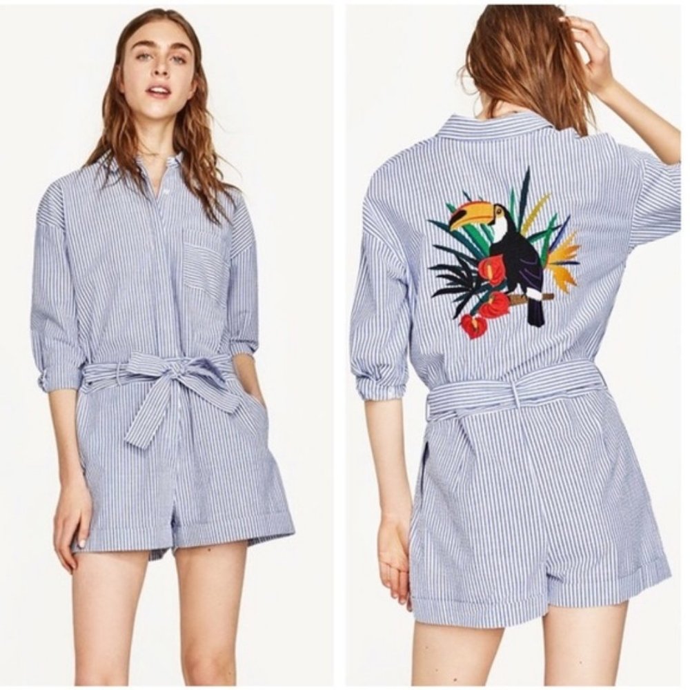 ZARA SEERSUCKER EMBROIDERED TOUCAN SHORTS ROMPER